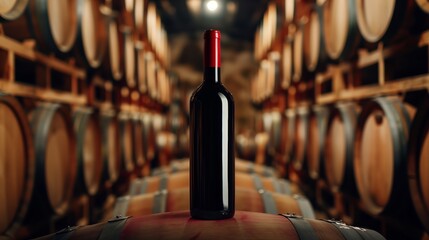 Bottle of tasty wine on the background of a wine cellar with oak barrels, Banner and space for text