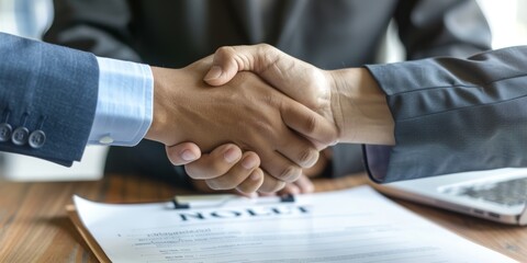 Two unnamed mixed-race businessman hold hands after signing contract in interview. CEO and hiring manager meet applicant. Hired for job, vacancy, office, or promotion - obrazy, fototapety, plakaty
