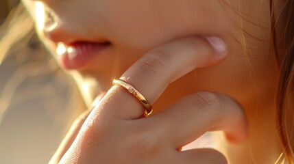 Glimmering gold ring on the hand of a young girl shining brightly in the sunlight - obrazy, fototapety, plakaty