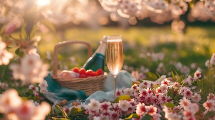 Cozy picnic in spring blossom garden on a tablecloth on a sunny day, cherry blossoms. Summer concept