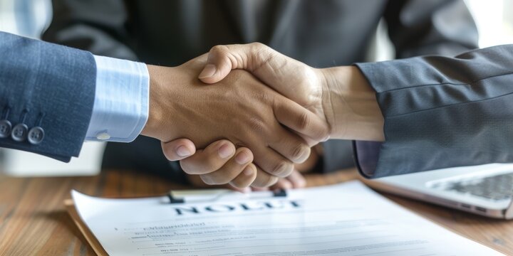 Two unnamed mixed-race businessman hold hands after signing contract in interview. CEO and hiring manager meet applicant. Hired for job, vacancy, office, or promotion