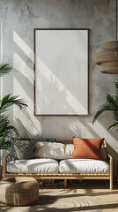 Mockup poster frame above a Settee in aliving room, modern interior scanidavian style