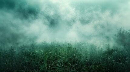 An enchanting and mystical portrayal of a foggy dawn, with mist weaving through the vivid, verdant meadows The ethereal and fantastical scenery beckons the beholder to a realm of enchantment. - obrazy, fototapety, plakaty