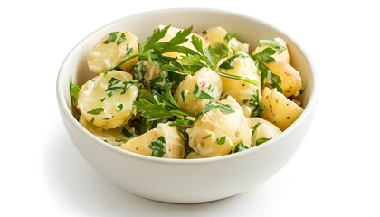 Bowl of tasty Potato Salad with greens on white background