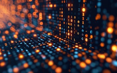 An image depicting a futuristic theme, showcasing a digital concept with binary code and technological elements, representing the advanced and expansive nature of data on computers