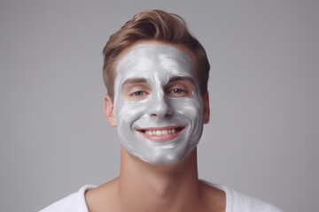 An attractive young Indian man putting an anti-aging face mask over a blue studio background. Mixed-race man using moisturizing clay or charcoal lotion to remove blackheads for healthy, smooth skin. - obrazy, fototapety, plakaty