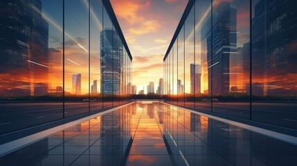 Modern office building or business center. High-rise window buildings made of glass reflect the clouds and the sunlight. empty street outside  wall modernity civilization. growing up business - obrazy, fototapety, plakaty