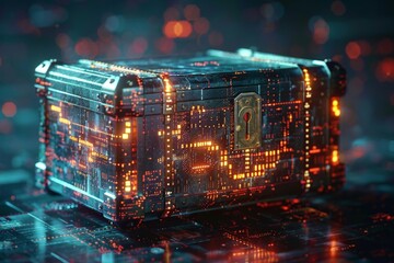 A high-tech treasure chest secured with advanced encryption, holding valuable digital secrets.