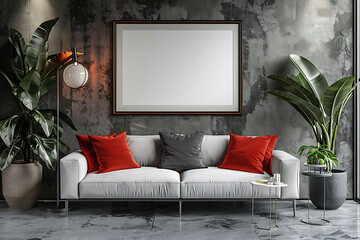 Mockup poster frame above a Sleeper Sofa in aliving roomhyperrealistic shot, modern interior scanidavian style
