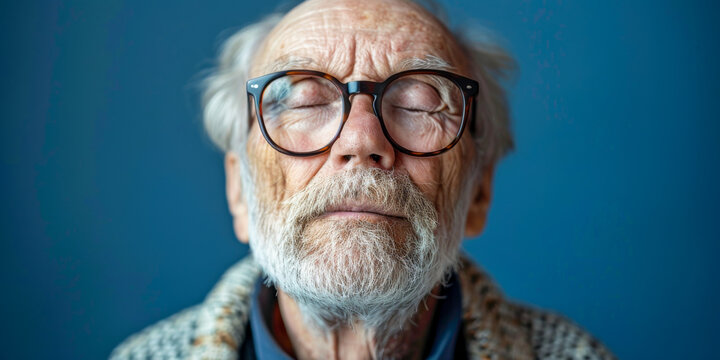Serene Elderly Man with Glasses on a Blue Background