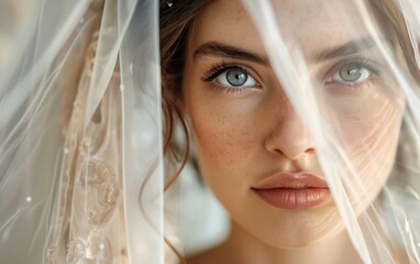 Capture the serene essence of a stunning bride's face adorned with a delicate veil, using soft and understated tones.