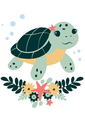 Cute turtle with flowers, cartoon vector illustration. Floral sea animal.