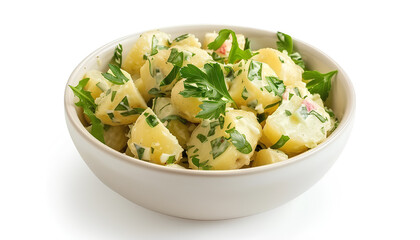Bowl of tasty Potato Salad with greens on white background