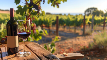 Mockup of bottle red wine, a glass and grapes on the background of summer sunset vineyards