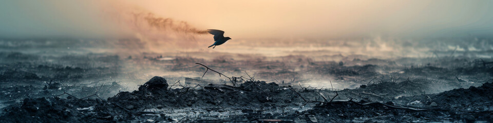 Lone Bird Flying Over Misty Wasteland at Dawn - obrazy, fototapety, plakaty