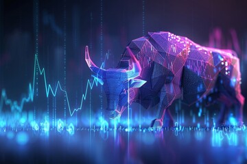 Experience the serenity of the stock market with this high-resolution render of a polygon bull, featuring a soothing blue and purple gradient and a fine-art sensibility for a calm vibe. - obrazy, fototapety, plakaty