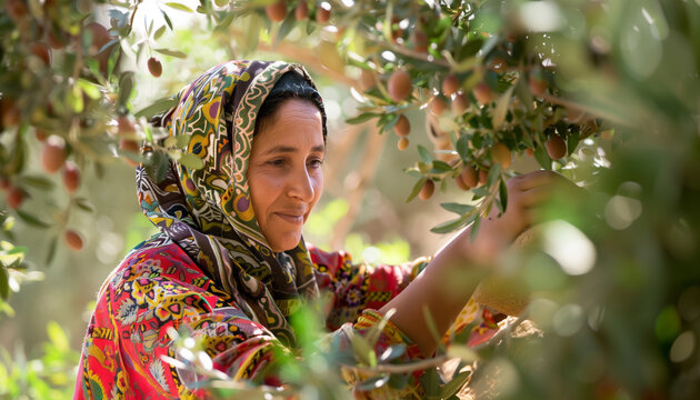 A woman picks fruit from an argan tree