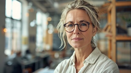 Female architect in casual attire and glasses stands in her creative office space, which is blurred in the background.