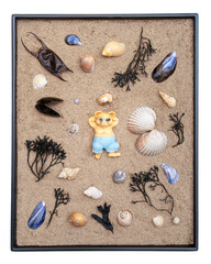 Life's a beach - flat lay image with bear, seashells, sand and seaweed. - 786425731
