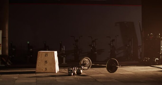 Gym hall with equipment and wooden block