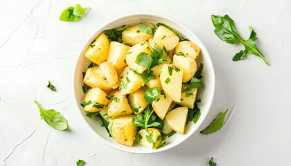 Bowl of tasty Potato Salad with greens on white background