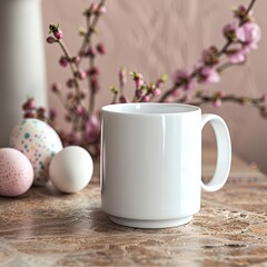 Fototapeta na wymiar Create a mockup featuring a plain white cup placed on a table surrounded by Easter eggs and spring branches as the backdrop, perfect to showcase your products on your online print shop.