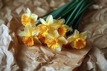 Obraz na płótnie Canvas Fresh Spring Daffodils on Crumpled Brown Paper Background