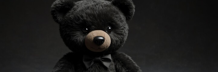 cute black teddy bear stuff toy on plain black background from Generative AI - obrazy, fototapety, plakaty