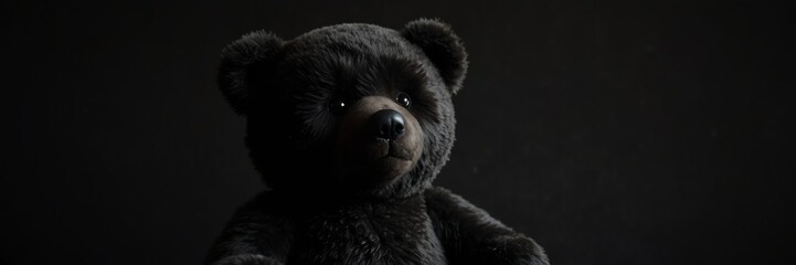 cute black teddy bear stuff toy on plain black background from Generative AI - obrazy, fototapety, plakaty