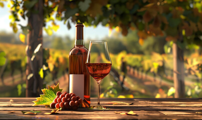 Mockup of bottle rose wine, a glass and grapes on the background of summer sunset vineyards