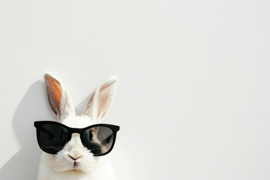 Cool and Funny White Rabbit Wearing Stylish Sunglasses on White Background with Copy Space