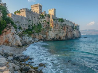 Fototapeta na wymiar A majestic castle perched atop a rugged cliff overlooking the sea, with waves crashing against the rocks below medieval fortress The warm light of sunrise bathes the castle in a golden glow, evoking
