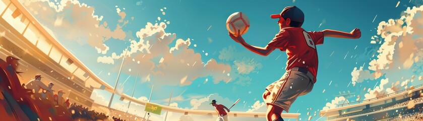 Dynamic illustration capturing a young baseball player making a catch in a sunlit stadium filled with cheering fans.