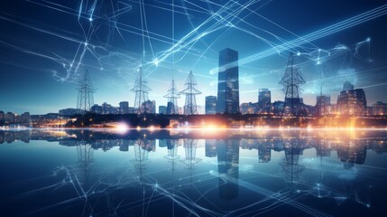 Fototapeta premium Urban high power poles connected to smart grid, energy supply, power distribution, power transmission, power transmission, high voltage supply, technology, community, city