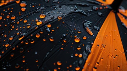 Raindrops concept falling from a black and orange umbrella.