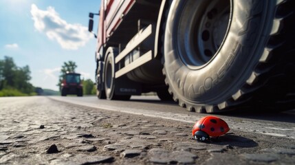 Unexpected Encounter: Macro Perspective of Truck and Ladybug