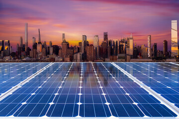 Solar panel over city, solar power green energy for life concept