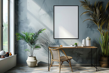 Mockup poster frame above a Wall-Mounted Desk in aliving roomhyperrealistic shot, modern interior scanidavian style - obrazy, fototapety, plakaty