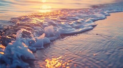 Sunset over the ocean. Ocean wave closeup. Sea sand and wave at sunset - obrazy, fototapety, plakaty