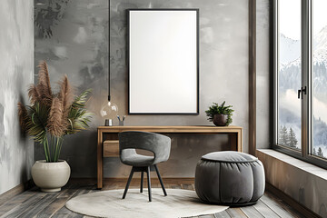 Mockup poster frame above a Wall-Mounted Desk in aliving roomhyperrealistic shot, modern interior scanidavian style