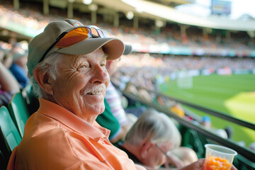 Smiling elderly man with a baseball cap enjoying a live sports event at a stadium