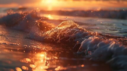 Sunset over the ocean. Ocean wave closeup. Sea sand and wave at sunset