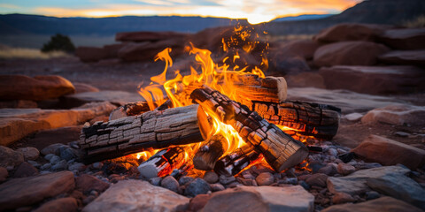 Fototapeta premium Warm Campfire Blaze at Dusk in Rugged Mountain Terrain