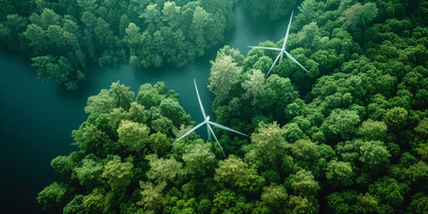 An aerial view of wind turbines in the forest, renewable energy sources , sustainable power exploration for ecofriendly sustainable energy exploration. 
