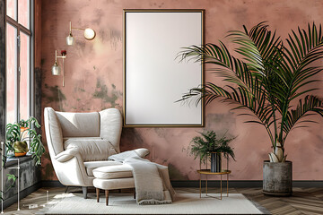 Mockup poster frame above a Wingback Chair in aliving roomhyperrealistic shot, modern interior scanidavian style