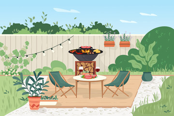 Patio area with cooking grill. House backyard with outdoor kitchen, green plants Garden modern furniture for barbecue and picnic. Outdoor furnished yard for BBQ summer parties Flat vector illustration