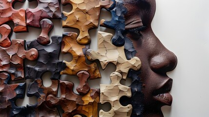 Diverse Puzzle Pieces Forming a Unified Human Face,Symbolizing Racial Harmony and Interconnectedness - obrazy, fototapety, plakaty