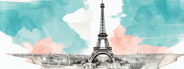 Double exposure minimalist artwork collage illustration featuring the Eiffel Tower and the Paris cityscape.