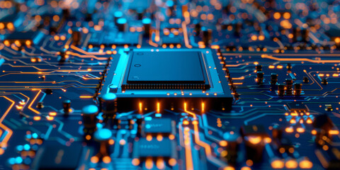 Close-Up of Advanced Microprocessor on Circuit Board in Blue and Orange - obrazy, fototapety, plakaty
