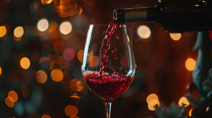 Pouring red wine into glass against dark background 